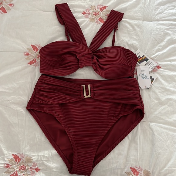 Time and Tru Maroon Two-Piece Bikini Swim Suit Size S (4-6) - Picture 3 of 14